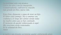 La fertilidad est a mi alcance. 
Cierro los ojos y veo la concepcin. 
Cuidadosamente, cultivar la creacin 
ms grande de Dios, nueva vida. 

Estoy lista, dispuesta y capaz de tener un hijo. 
El Seor est conmigo. Voy a caminar con 
confianza a lo largo del camino donde todas 
las madres antes que yo han caminado. 
El momento de quedar embarazada es aqu. 
Mis oraciones sern contestadas. 
Es la voluntad de Dios. 
Amen. 

Te lo suplico san Eleusipo, permteme quedar embarazada, amen 