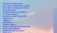 Oh, Dios! Envanos locos,
de los que se comprometen a fondo,
de los que se olvidan de s mismos,
de los que aman
con algo ms que con palabras,
de los que entregan
su vida de verdad y hasta el fin.
Danos locos,
chiflados,
apasionados,
hombres capaces
de dar el salto hacia la inseguridad,
hacia la incertidumbre
sorprendente de la pobreza;
danos locos,
que acepten diluirse en la masa
sin pretensiones de erigirse un escabel,
que no utilicen
su superioridad en su provecho.
Danos locos,
locos del presente,
enamorados de una forma de vida sencilla,
liberadores eficientes del proletariado,
amantes de la paz,
puros de conciencia,
resueltos a nunca traicionar,
capaces de aceptar cualquier tarea,
de acudir donde sea,
libres y obedientes,
espontneos y tenaces,
dulces y fuertes.
 
Danos locos, Seor, danos locos.

(Louis Joseph Lebret)