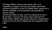 Oh Virgen Mara, visita mi casa noche y da, s mi compaera y mi gua, s mi luz y mi camino; que donde vayamos mi familia y yo seas T, Madre Santa, nuestra luz y nuestra compaa, y te encontremos como guardia de nuestro camino.
Favorceme todos los das, seas T la duea de mi casa y de mis hijos. Y voy as a Ti, paso a paso, hasta que T, Virgen Santa y Madre ma, me des salud, paz, tranquilidad y seas para m y los mos la Madre que nos acompaa noche y da. 

Amn.