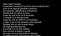 Santo ngel Custodio,
t que fuiste enviado por la Divina misericordia de Dios
para ser mi especial guardin y protector,
para guiarme, defenderme y aconsejarme
durante toda mi vida en la tierra,
t que has sido mi luz en la oscuridad
y consuelo en la desesperacin,
t que has sido mi ﬁel compaero
y sabes lo que en este momento estoy sufriendo,
tindeme una vez ms tu mano amiga.
Mi ngel guardin querido,
hoy acudo a ti con toda cofinza
para solicitar t amparo y ayuda,
para que con tu escudo poderoso detengas
los ataque de todo aquel que me quiera daar,
para que me guardes de todo mal y peligro.

Defindeme de mis enemigos visibles e invisibles,
de malas personas y malos amigos,
aparta de mi las difamaciones,
chismes, murmuraciones y malas lenguas;
presrvame de malos ojos, egosmos y envidias,
no permitas que me ataquen con hechizos y brujeras,
lbrame de celos, violencia, malos tratos y humillacin,
y muy especialmente auxliame en:

(hacerla peticin)

Santo ngel de la Guarda
vlame mientras estoy dormido,
orintame cuando estoy despierto,
deﬁende mi alma, mente y cuerpo,
protgeme en toda ocasin y momento
de los ataques y envites del enemigo,
se mi refugio en la adversidad,
mi consuelo en el dolor
mi refugio en la soledad;
ilumina mi entendimiento,
gobierna mis sentimientos
para que jams ofenda a Dios nuestro Padre
y sobre todo,
aydame con tu luz y tus consejos,
con tus santas inspiraciones,
para que siendo ﬁel a ellas
progrese en la bondad y el amor hacia los dems
y as pueda gozar de tu compaa en el Cielo

Amen. +

Rezar con mucha fe y devocin, el Credo,
tres Padrenuestros, tres Avemaras y tres Glorias.

Repetir la oracin y los rezos tres das seguidos.